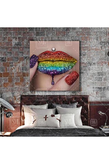 SML TABLO Curcubeu pe degetele nasului Ruj de buze colorat Oja de unghii Kiss Coiffeur Centru de frumusețe Decor Pătrat Canvas Tabl