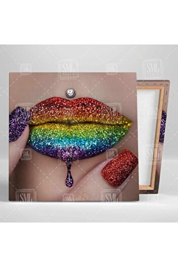 SML TABLO Curcubeu pe degetele nasului Ruj de buze colorat Oja de unghii Kiss Coiffeur Centru de frumusețe Decor Pătrat Canvas Tabl