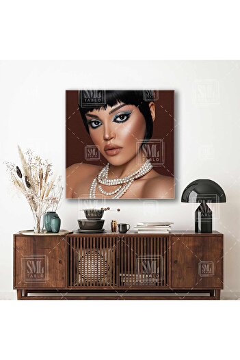 SML TABLO Vintage Make Up Coiffeur Square Canvas Painting cu machiaj în tonuri de albastru Colier de perle