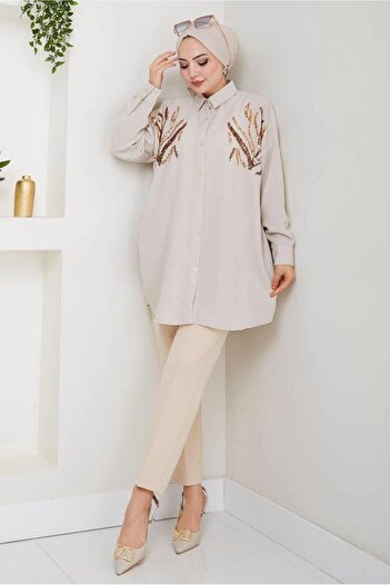 TRENDTESETTÜR Women Beige Pul Pailletted Detail Tunic t 2289
