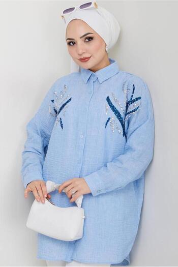 TRENDTESETTÜR Women's Blue Sequin Sequin Detail Tunic t 2289