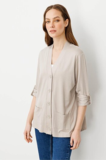 Desen Triko Women's V-Neck Long Sleeve Pocket Buttoned Combed Cotton Jacket Beige