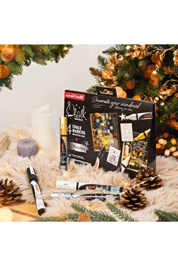 UNİ-BALL Set of 4 chalk markers Christmas Edition glass decoration with 2 UNI Scandinavian stencils