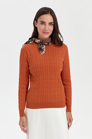 Desen Triko Orange Hair Braided Women's Sweater - Crew Neck