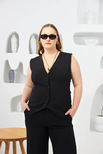 RMG Plus Size Vest Pants Double Suit Black