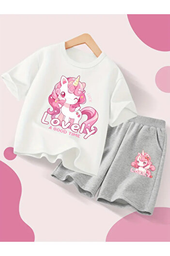 Machetta Girl's Unicorn Printed T-Shirt Shorts Bottom Top Children's Set