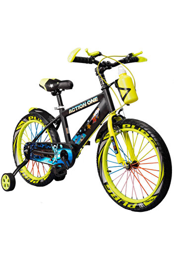 ACTION ONE Children's bicycle 4-6 years old with key kit included, training wheels and bottle Cameleon, 14 inch, neon green
