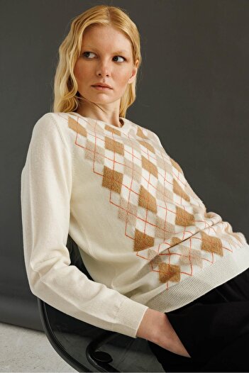 Desen Triko Women's V-Neck Diamond Wool Sweater Bone