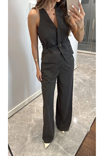 My Blog Smoked Pinstripe Belt Detailed Vest Trousers Suit - 9569