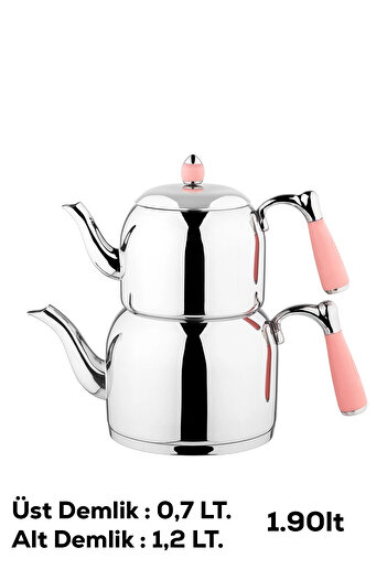 Özkent K-376 Pembe Armine Mini Boy Paslanmaz Çelik Indüksiyon Tabanlı Çaydanlık Takımı 0.7-1.2 Lt