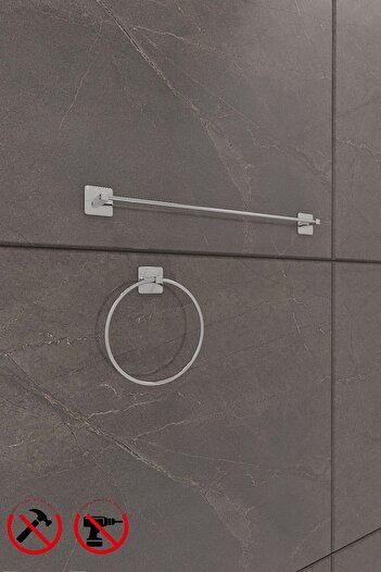 Alper Banyo Σετ μπάνιου Scilla Square Chrome 2 τεμαχίων με αυτοκόλλητο |   Δαχτυλίδι για πετσέτες και τετράγωνη μακριά θήκη για πετσέτες