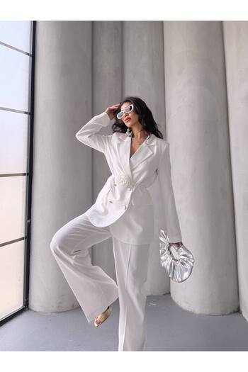 msm fashion Women's Double Blazer Jacket Pants Suit Accessory and Button Detailed Wide Leg
