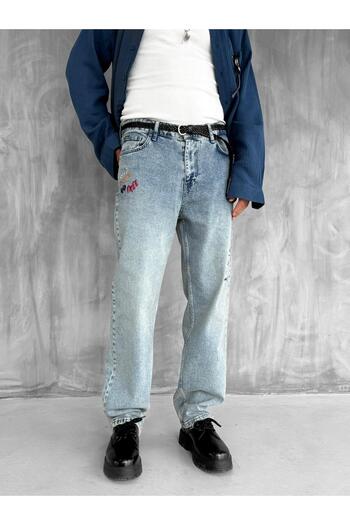 ablukaonline Erkek Slogan İşlemeli Baggy Jean Pantolon Mavi