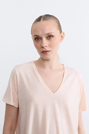Gusto V-Neck Glitter T-Shirt - Powder