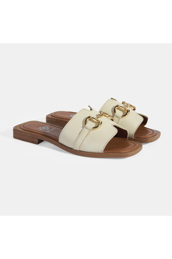 Desa Women's Beige Leather Slippers with Metal Buckle Accessories