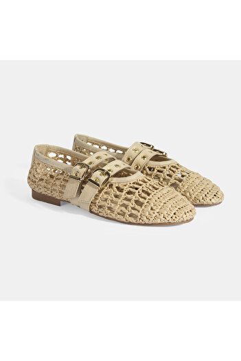Desa Women's Beige Knitted Ballerinas with Metal Buckle Accessories
