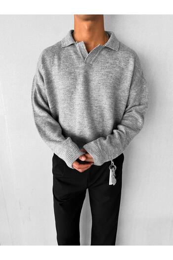 ablukaonline Ανδρικό πουλόβερ Polo Neck Soft Textured Oversize Γκρι
