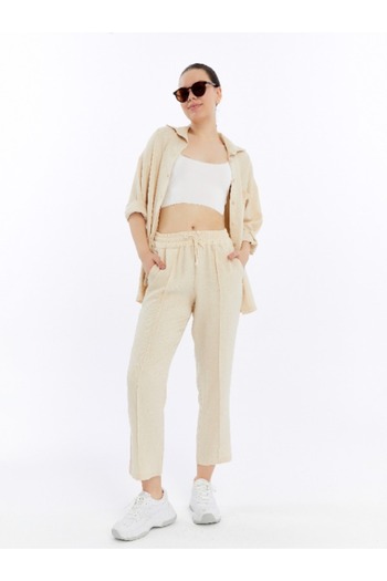 İkmal Women's Beige Double Linen Shirt, Top and Bottom Set with Trousers