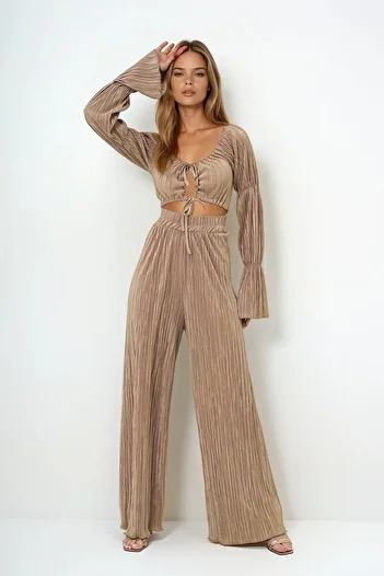 VAGGON Women's Beige Wrinkled Bustier and Pants Set Vs00114