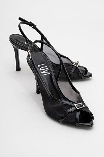 LuviShoes Elyse Black Patent Leather Mesh Women's High Heeled Evening Dress Shoes