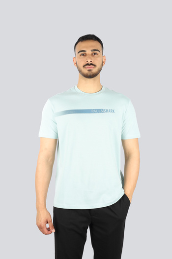 PAUL&SHARK Men's Crew Neck Paul Shark Shaded Lettering Pattern Short Sleeve Aqua Green T-Shirt 25411039 -072