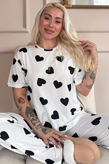 Pijamaevi Set de pijamale pentru femei Ivory Passion Heart cu mâneci scurte din bambus
