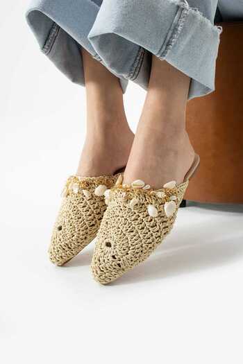 CICIKIZ Seashell Pearl Buckle Detail Paper Rope Knitted Women's Slippers