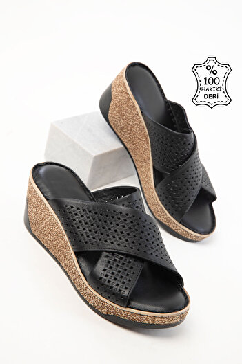 SOHO Black Genuine Leather Women's Wedge Heeled Shoes 20536