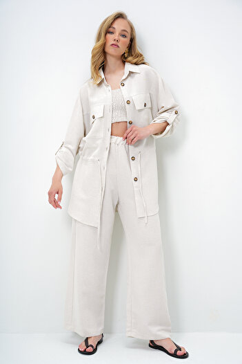 Trend Alaçatı Stili Women's Ecru Shirt Collar Double Pocket Tie Linen Safari Jacket and Trousers Set Alc-X14060