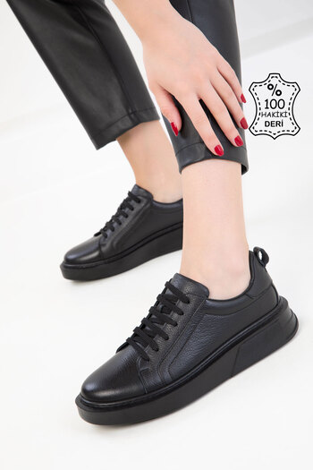 SOHO Black-Black Genuine Leather Women's Sneaker 20549