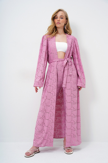 Trend Alaçatı Stili Rosa selbststrukturierte, durchbrochene lange Hose für Damen, Kimono-Anzug ALC-X11710