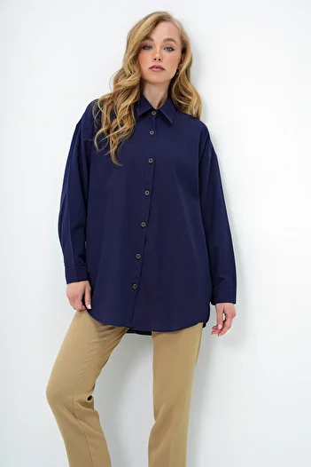 Trend Alaçatı Stili Dámská oversize plátěná košile v námořnické modré ALC-X10343