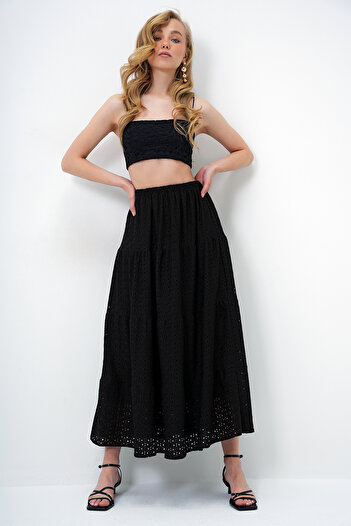 Trend Alaçatı Stili Women's Black Katkat Flounce Guipure Premium Skirt Alc-X14141