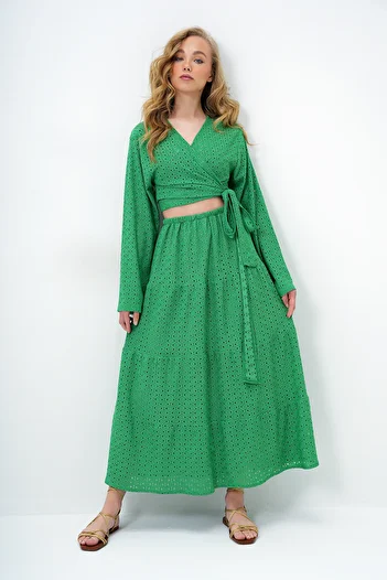 Trend Alaçatı Stili Women's Green Katkat Flounce Guipure Premium Skirt Alc-X14141