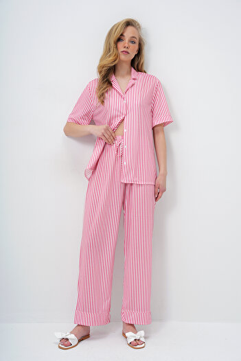 Trend Alaçatı Stili Women's Coral Double Sleeve and Leg Detailed Striped Shirt and Pants Pajama Set Pjm-X13918