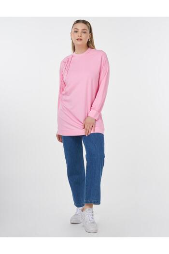 Kayra Βαμβακερό φούτερ με λαιμόκοψη με ριμπ Candy Pink