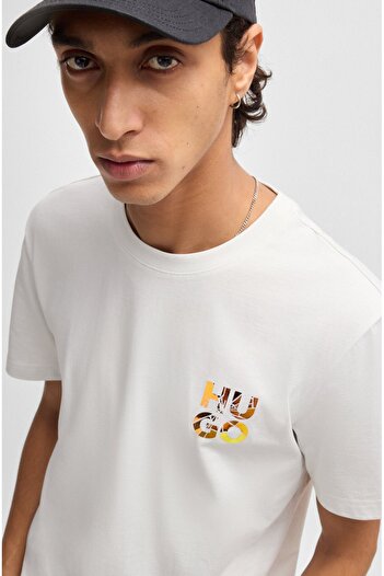 HUGO Erkek Marka Logolu Bisiklet Yaka Kısa Kollu Ekru T-Shirt 50522134-101