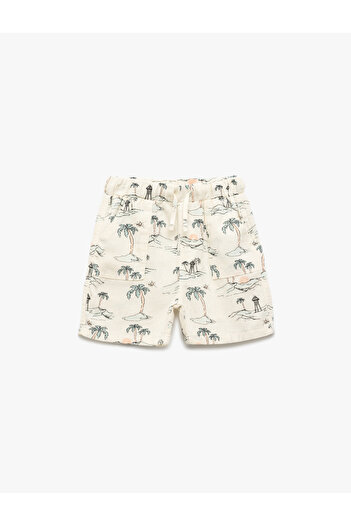 Koton Lace-Up Waist Viscose and Linen Blended Palm Pattern Shorts