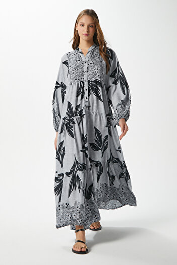 Ritnice Modest Freya Gray Women's 100% Viscose Maxi Length Layered Balloon Sleeve Long Summer Dress