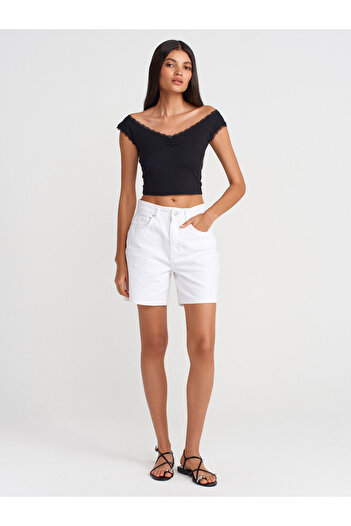 Dilvin 71987 Medium Denim Shorts-White