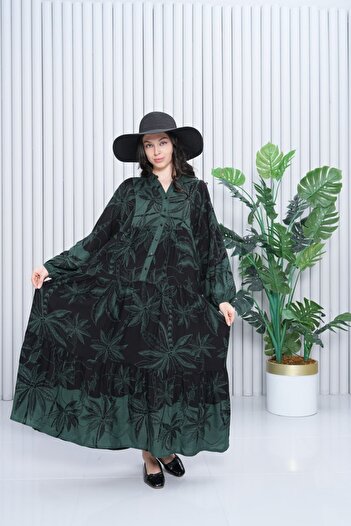 My Blog Khaki Tropical Patterned Plus Size Dress - 3000