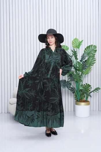 My Blog Khaki Tropical Patterned Plus Size Dress - 3000
