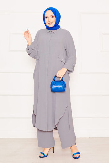 EBRUTESETTÜR Long Tunic Trousers with Foldable Sleeves and Pockets Double Hijab Suit