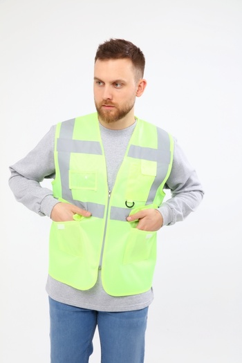 Çamdalı İş Elbiseleri Warning Vest Engineer Multi-Pocket Zippered Card Slot Neon Yellow