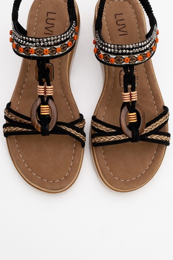 LuviShoes Cher Black Knitted Banded Stone Buckle Women's Sandals