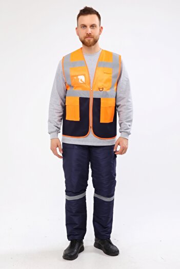 Çamdalı İş Elbiseleri Engineer Warning Vest Orange Navy Blue Color Combination with Zipper Pockets
