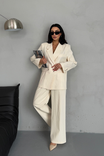 Ortaya Çık Beige Oversize Blazer Jacket Palazzo Trousers Linen Set