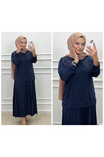 Elele Leather and Stone Detailed Skirt Suit
