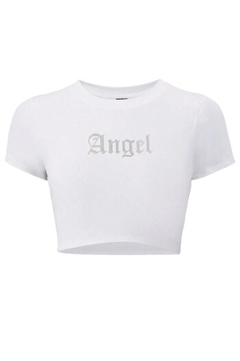 BRZ COLLECTION Tricou Crop cu imprimeu Angel Crystal Stone pentru damă, alb