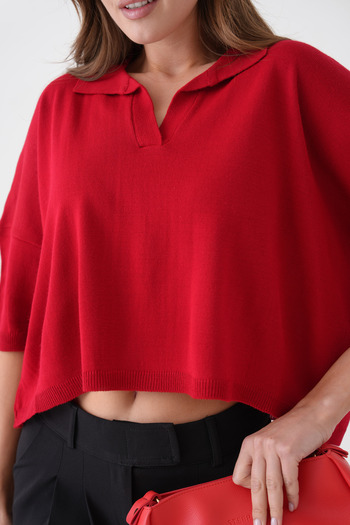 barış sülün lovebox Women's Polo Neck Low Sleeve Design Oversize Crop Red Knitwear Blouse 002